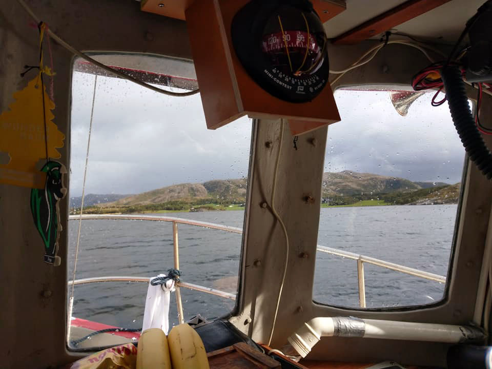 View of mountains taken from inside wheelhouse of Smolten.