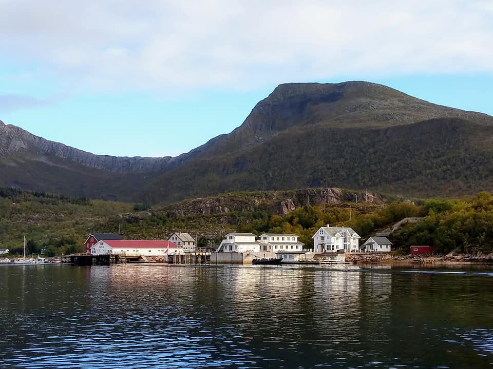 A row of white houses along the water, with a big wooded mountain in the background.