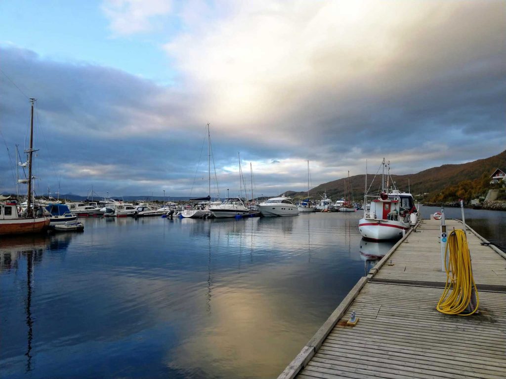 A marina full of boats with still waters reflective the clouds in the sky. 